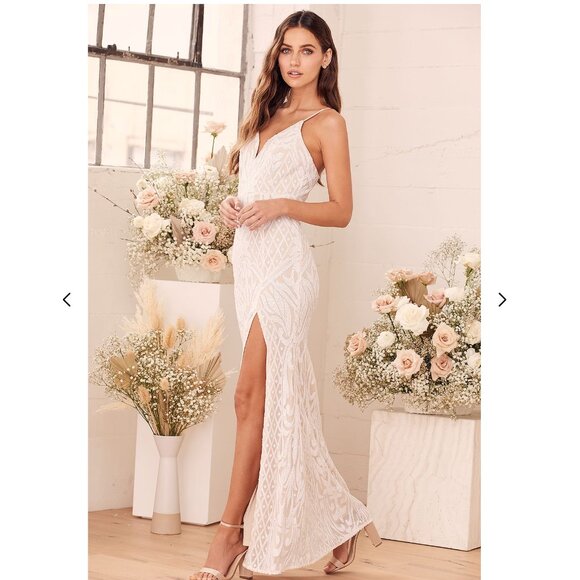 Lulus - Destined for Romance Beige and White Sequin Maxi Dress - Picture 3 of 5